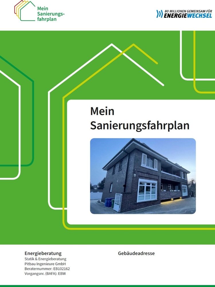 Titelblatt „Mein Sanierungsfahrplan“ eines individuellen Sanierungsfahrplans für ein Mehrfamilienhaus